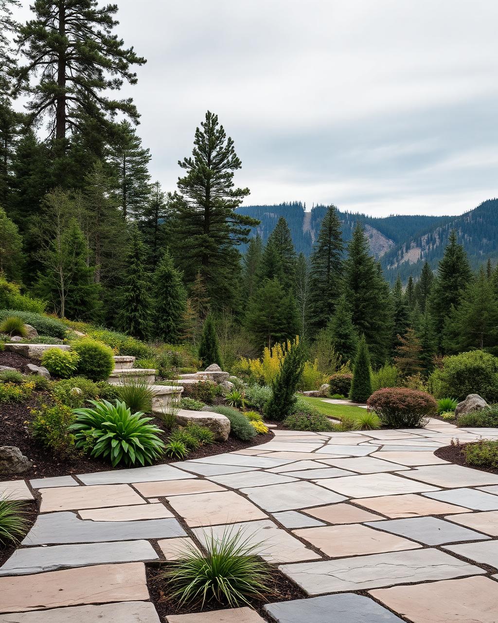Natural stone patio in a modern mountain landscape with pine trees