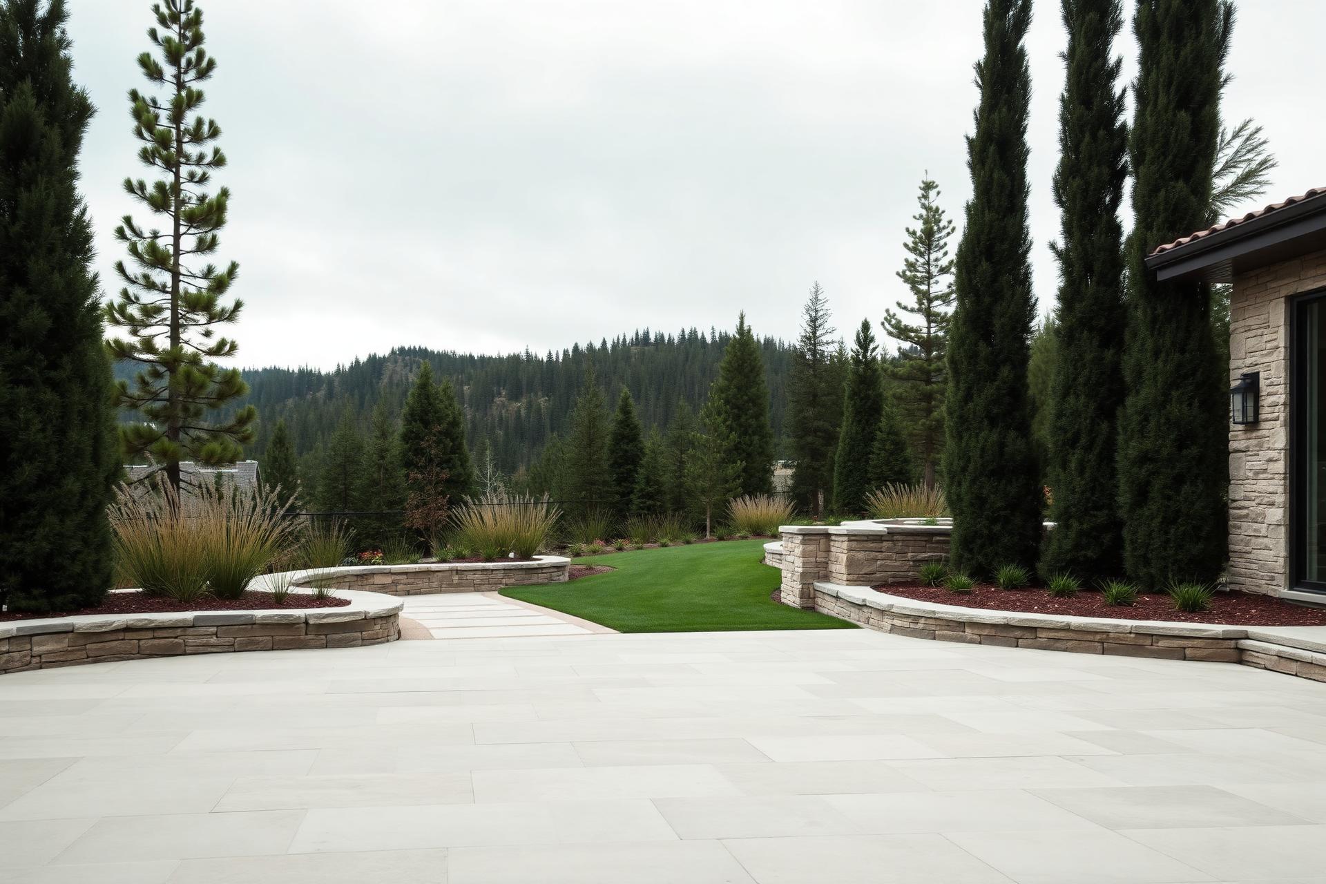 Modern residential mountain landscape with natural stone patio, retaining wall and pine trees